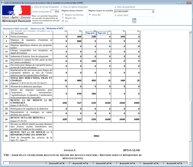 Fenêtre d'aide à la déclaration des revenus 2072 pour la SCI