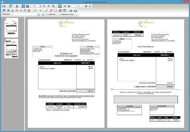 Edition de la quittance et de l'avis d'échéance sur des pages séparées