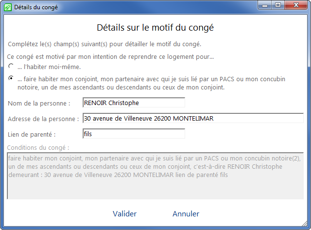 Fenêtre d'édition du courrier de fin de bail pour congé